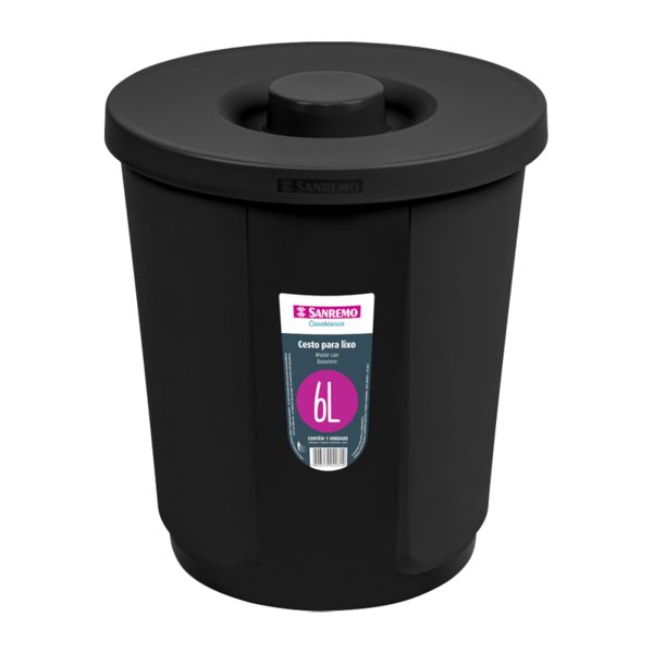 LIXEIRA PLASTICA 6 LT C/ TAMPA PRETA SANREMO